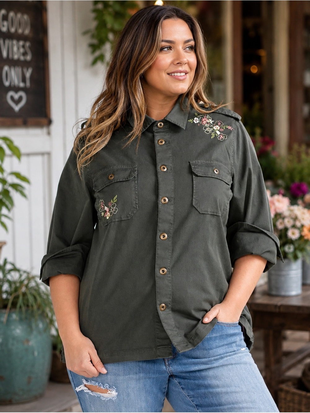 LOVE & LEGEND EMBROIDERED BUTTON-DOWN SHIRT